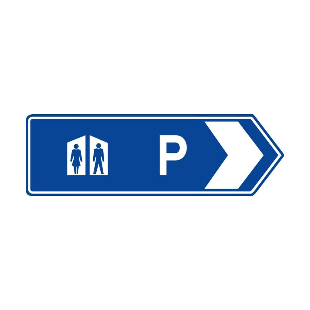 Toilets and Parking Service Sign Pointing Right